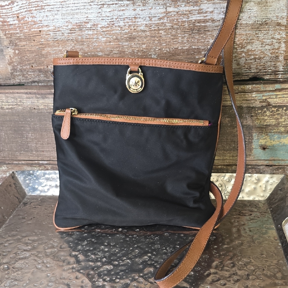 Michael Kors Black Nylon Crossbody with Brown Leather Trim